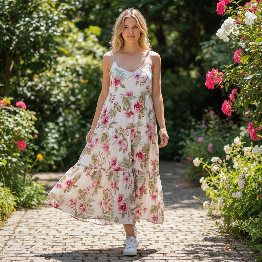 Chris & Carol Floral Maxi Dress Pink Hibiscus Tropical Tiered White Medium